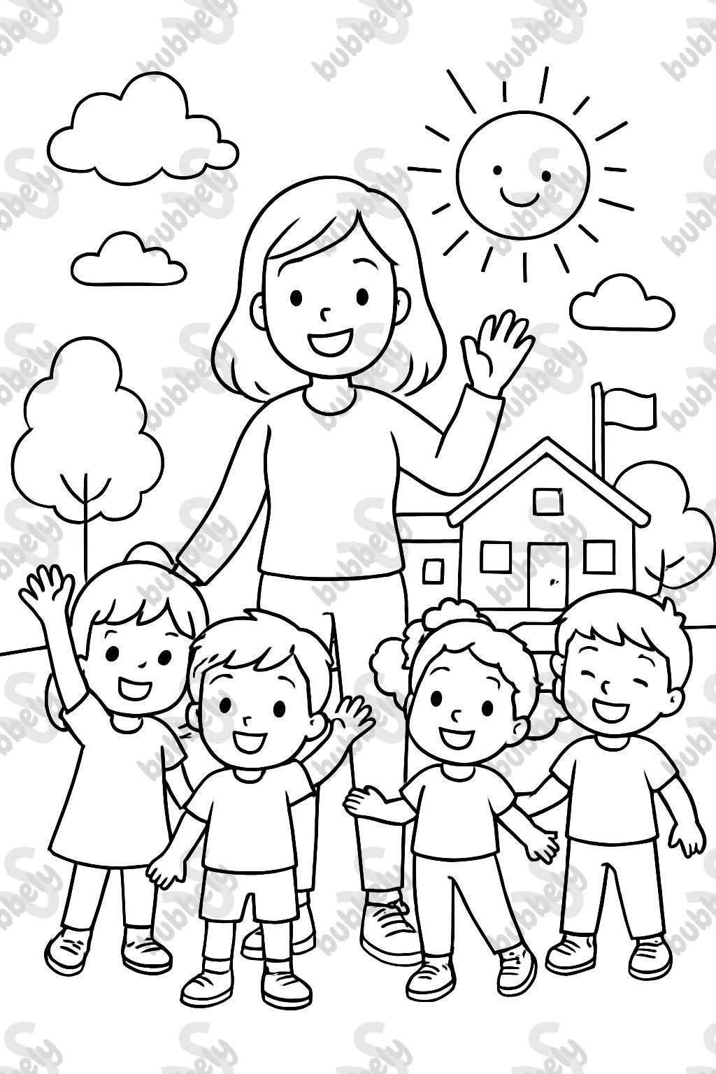 young female teacher with medium length hair, long sleeve shirt, pants, and tennis shoes. standing with a group of first grade students. young female teacher with medium length hair, long sleeve shirt, pants, and tennis shoes. standing with a group of first grade students.