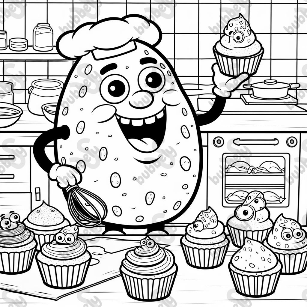 Mr Potato baking cupcakes that have fish decorations on top