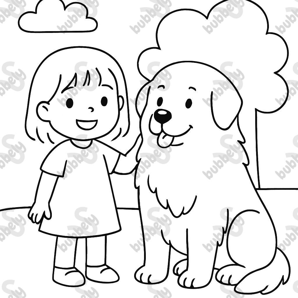 A little girl with shoulder-length hair standing with her great pyrenees. A little girl with shoulder-length hair standing with her great pyrenees.