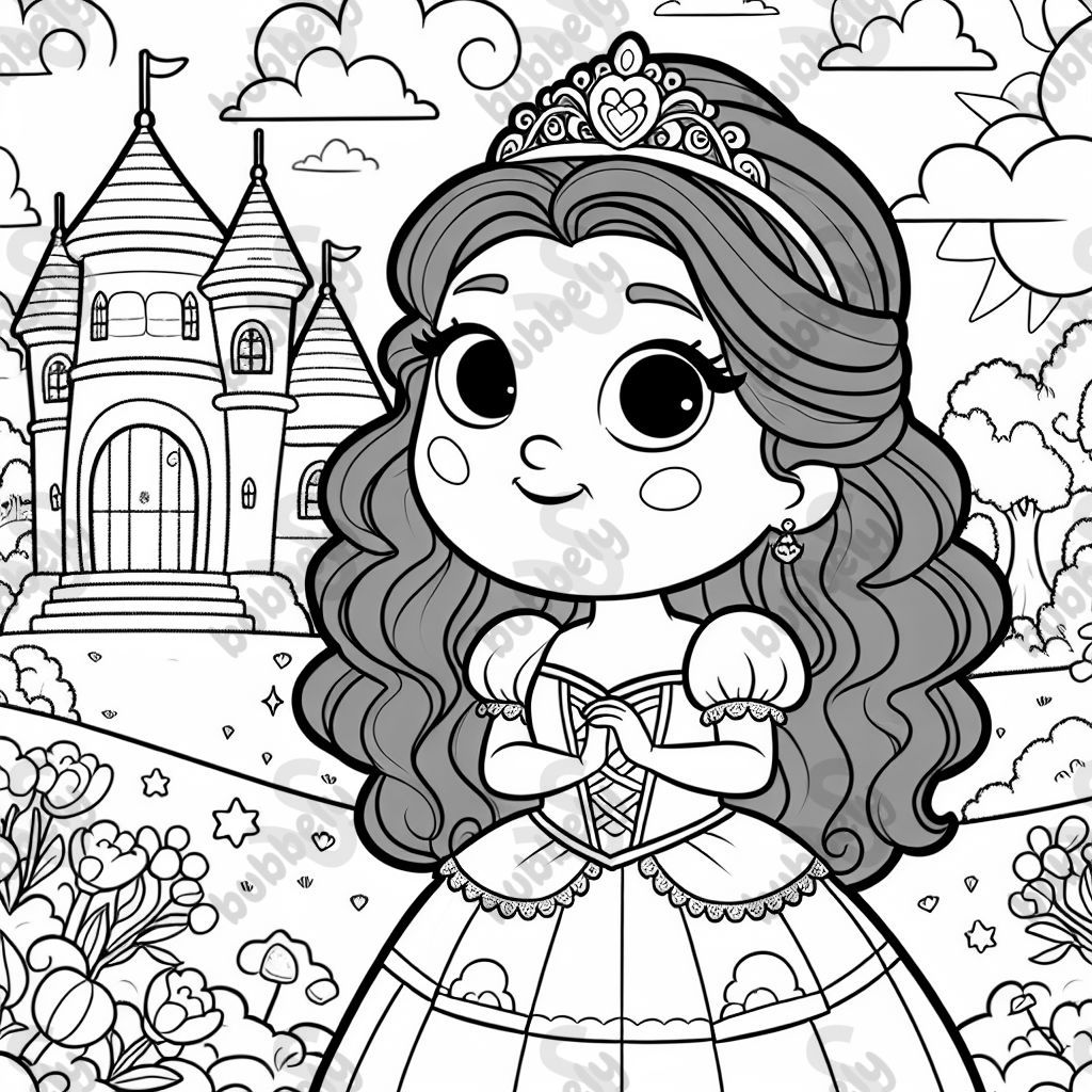 Una hermosa princesa en un jardín de castillo colorido, lista para ser coloreada.