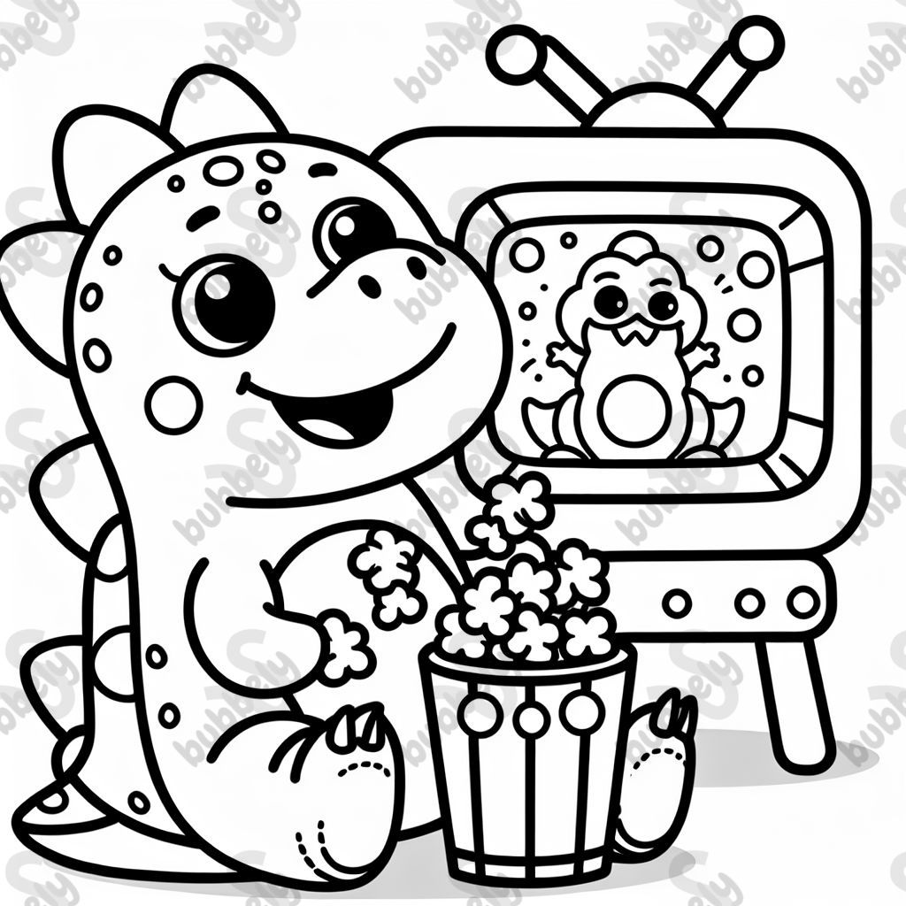 a happy dinosaur watching sponge bob on tv and eating popcorn