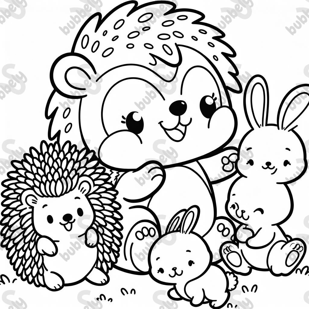 hedgehog playing with a bunny and babies hedgehog playing with a bunny and babies