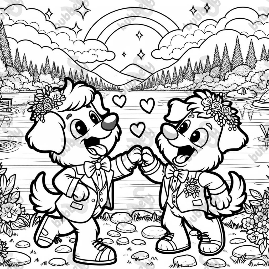Two boy dogs getting married by lake. Two boy dogs getting married by lake.