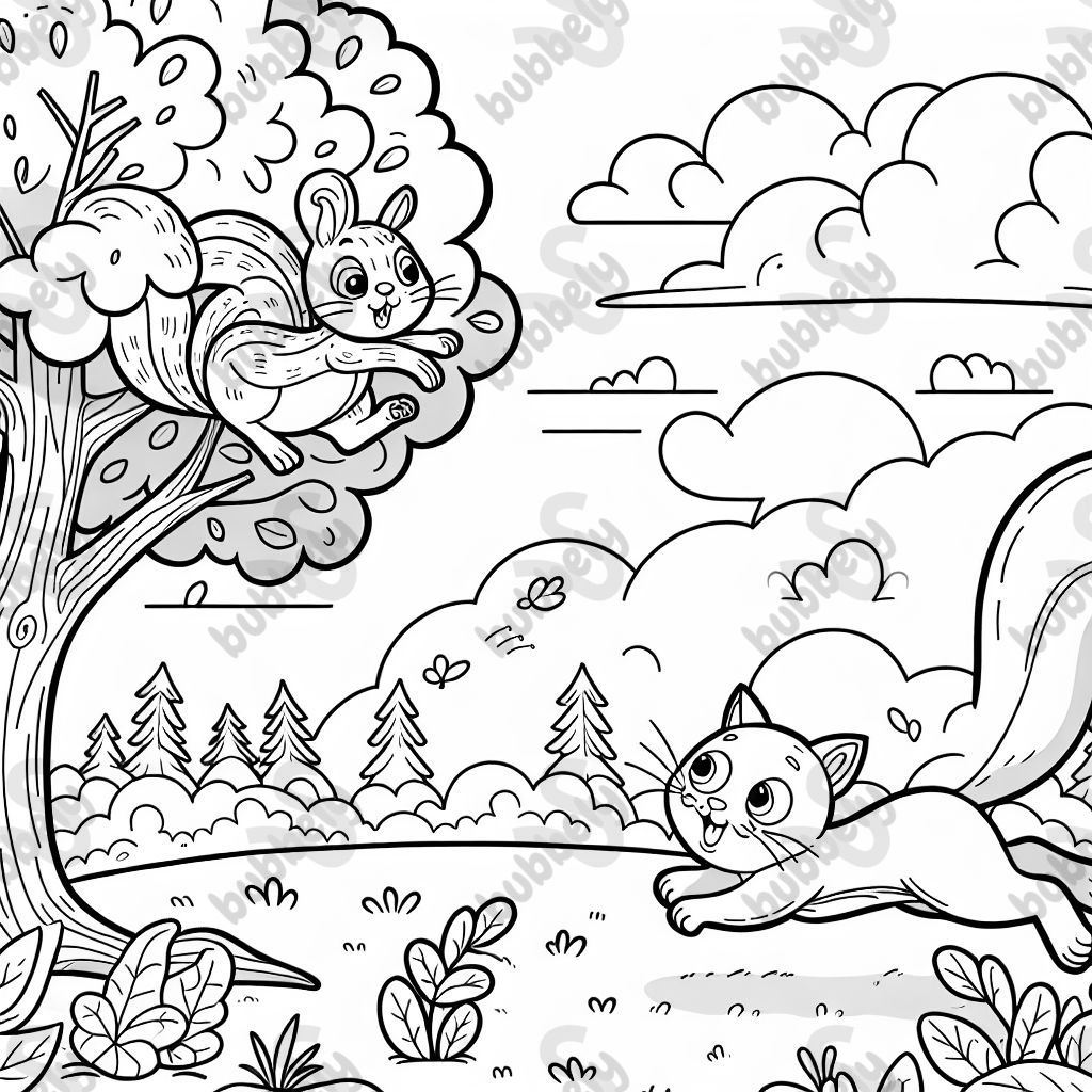 Gato persiguiendo a una ardilla saltando de árbol en árbol Gato persiguiendo a una ardilla saltando de árbol en árbol