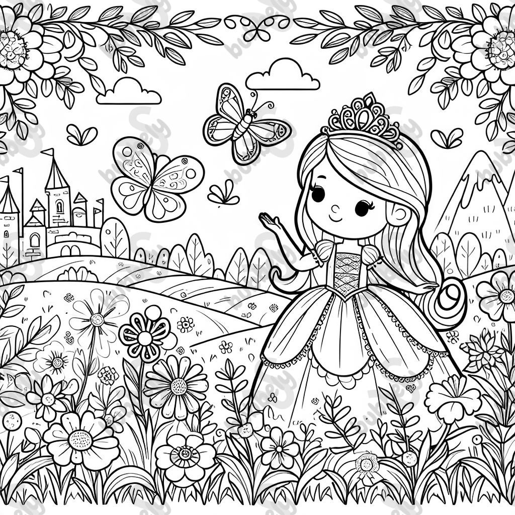 Un campo de flores con una mariposa y una princesa Un campo de flores con una mariposa y una princesa