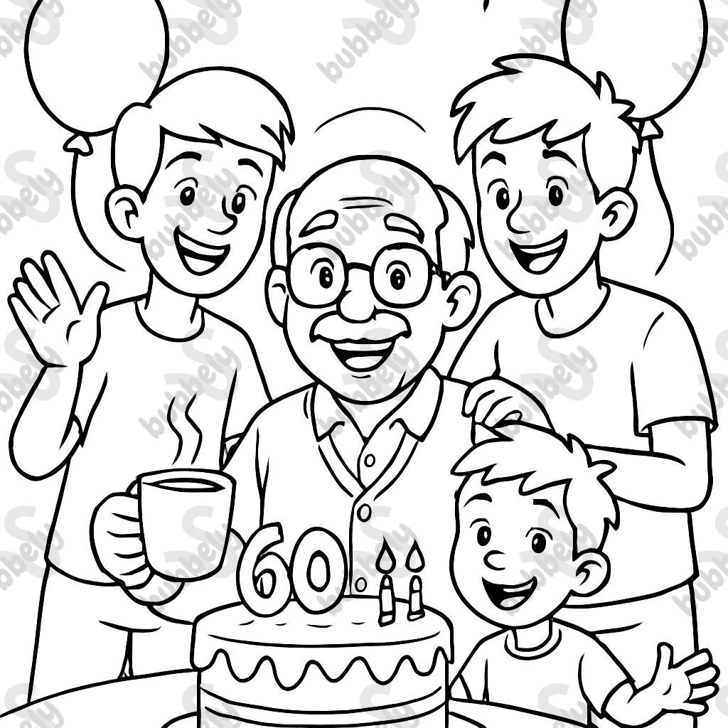 Image à colorier. 4 personnes. 60e anniversaire de grand-père (uniquement grand-père avec lunettes). Grand-père avec un garçon adolescent de 13 ans, un garçon adolescent de 10 ans et un garçon de 6 ans. Il y a des ballons et un gâteau. Image à colorier. 4 personnes. 60e anniversaire de grand-père (uniquement grand-père avec lunettes). Grand-père avec un garçon adolescent de 13 ans, un garçon adolescent de 10 ans et un garçon de 6 ans. Il y a des ballons et un gâteau.