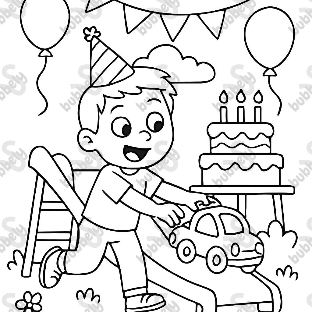 Un niño en una fiesta de cumpleaños empujando un coche de juguete por el tobogán. Un niño en una fiesta de cumpleaños empujando un coche de juguete por el tobogán.