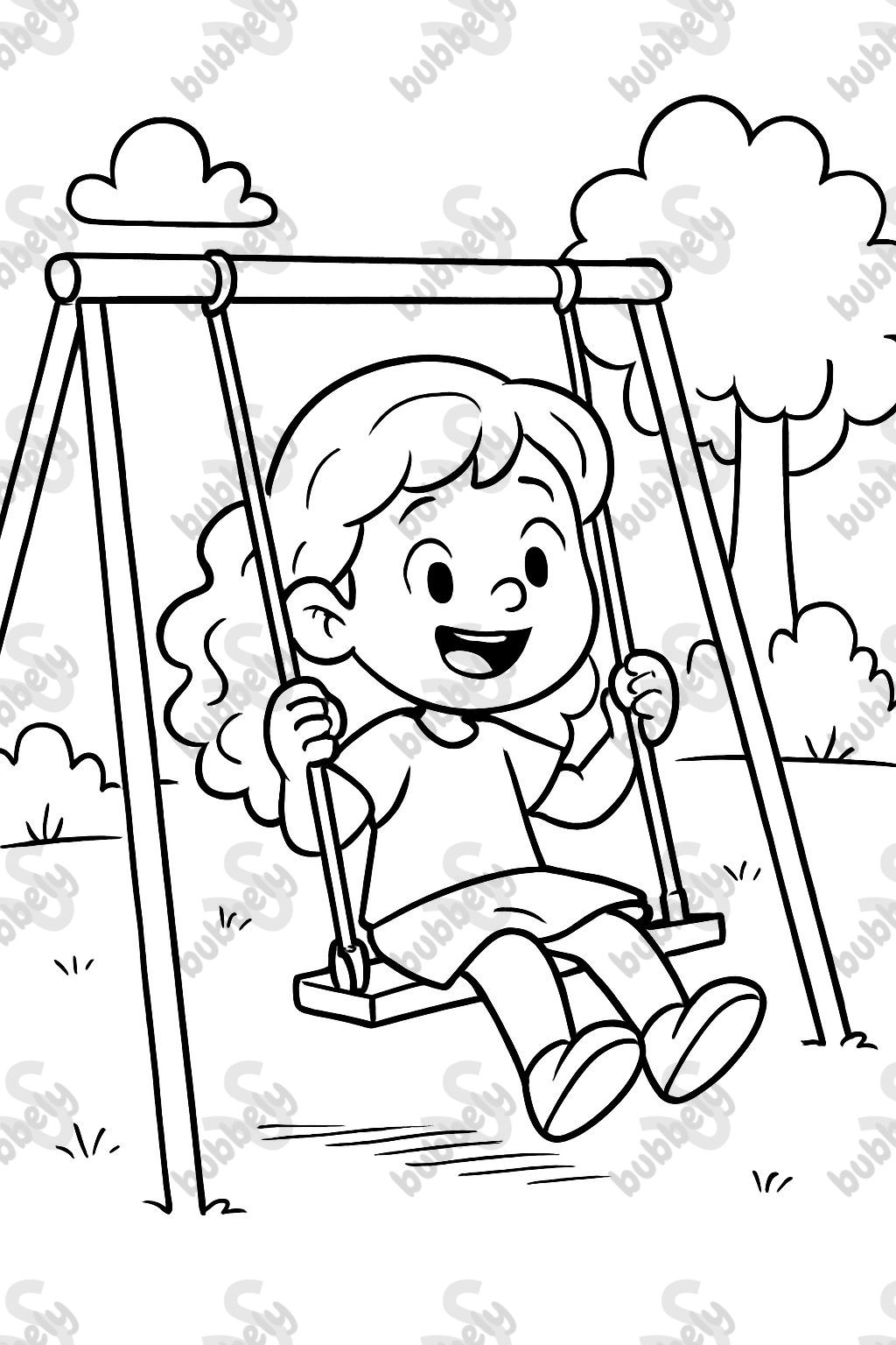 Ein Mädchen ohne Brille mit langen, lockigen Haaren, das auf einer Schaukel spielt. Ein Mädchen ohne Brille mit langen, lockigen Haaren, das auf einer Schaukel spielt.