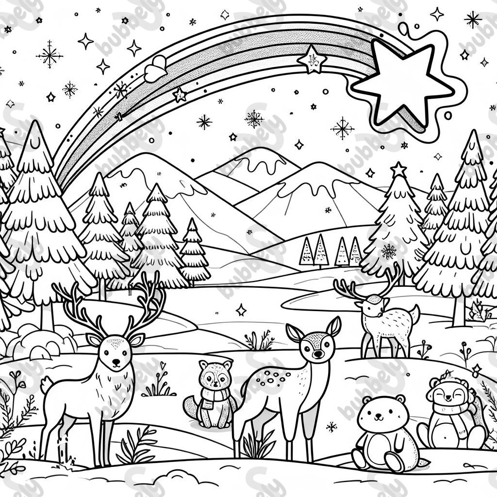 A magical winter landscape featuring a shooting star and various animals. Perfect for kids to color. A magical winter landscape featuring a shooting star and various animals. Perfect for kids to color.