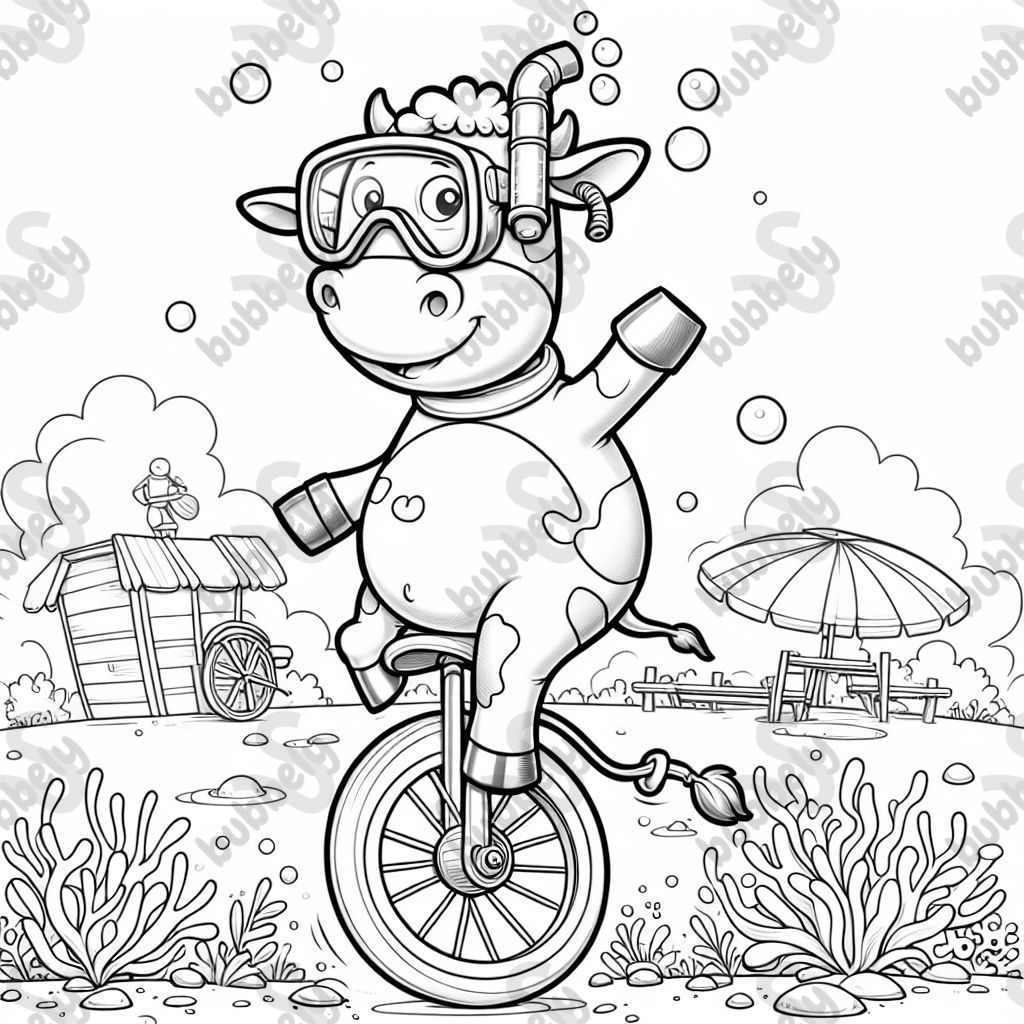 Vache sur monocycle avec des lunettes de plongée