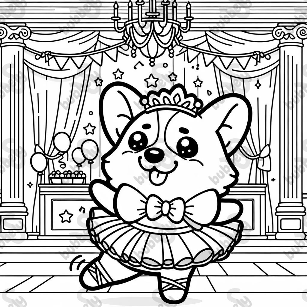 un corgi con un tutu en un salón de baile un corgi con un tutu en un salón de baile