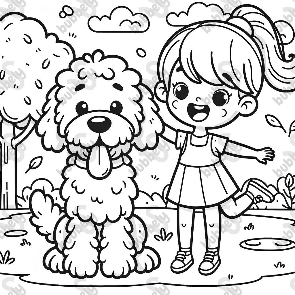 Ein Goldendoodle mit einem 5-jährigen Mädchen Ein Goldendoodle mit einem 5-jährigen Mädchen