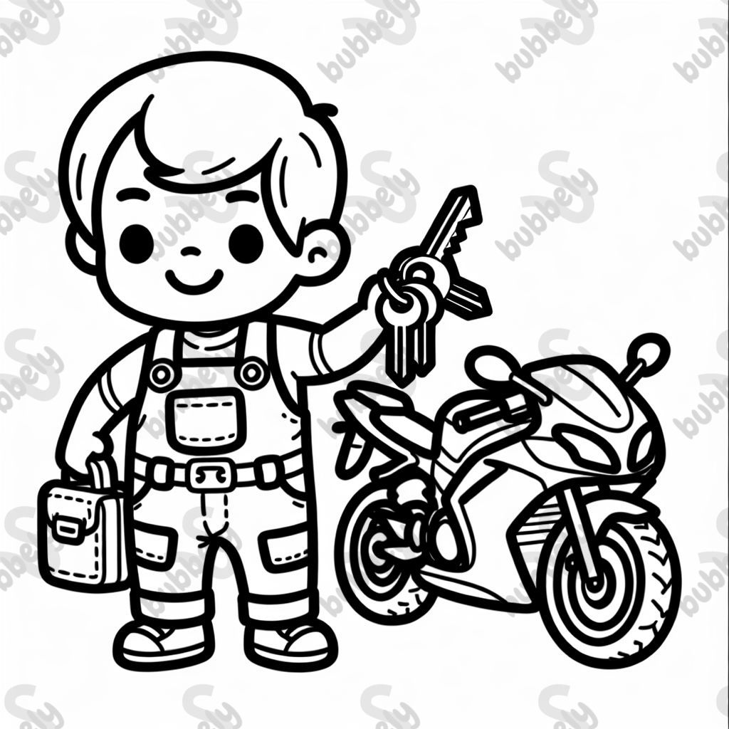 Mann Bauarbeiter mit Schlüsseln und einem Motorrad Mann Bauarbeiter mit Schlüsseln und einem Motorrad