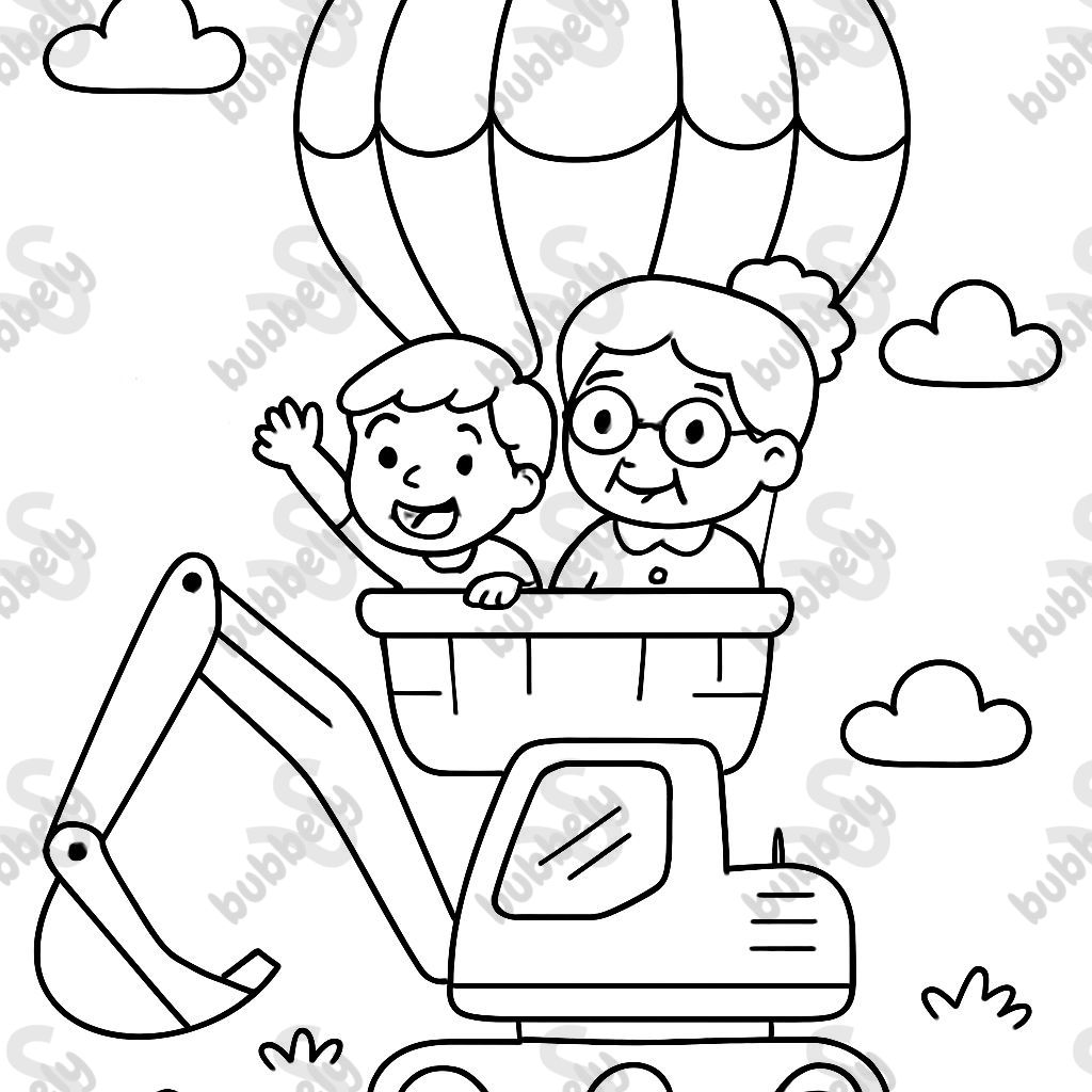 A kid and grandma in a hot air balloon flying over an excavator. A kid and grandma in a hot air balloon flying over an excavator.