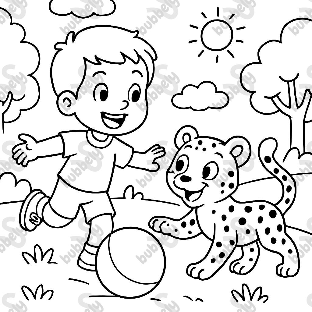 A little boy with short hair playing with a cheetah and a ball! A little boy with short hair playing with a cheetah and a ball!
