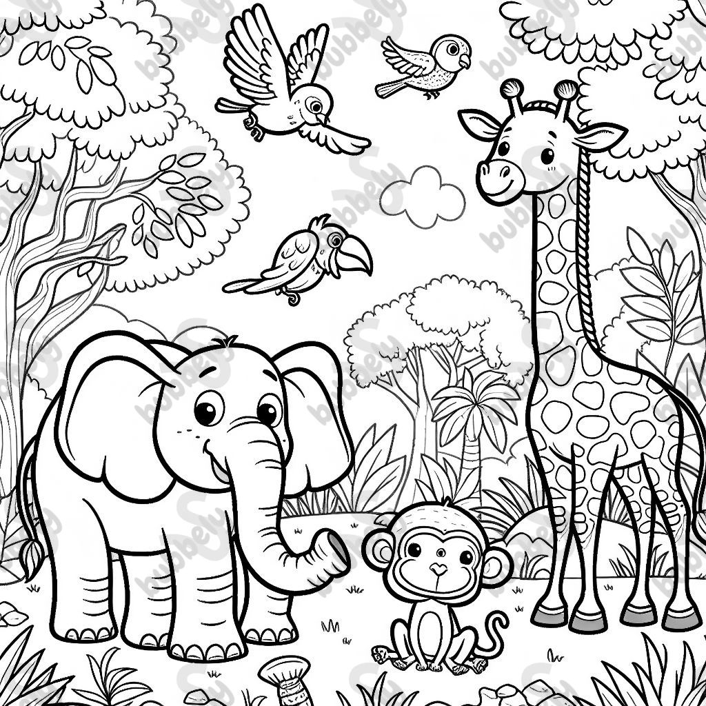 Ein Dschungel mit einem Elefanten, einem Affen, einer Giraffe und einigen Vögeln Ein Dschungel mit einem Elefanten, einem Affen, einer Giraffe und einigen Vögeln