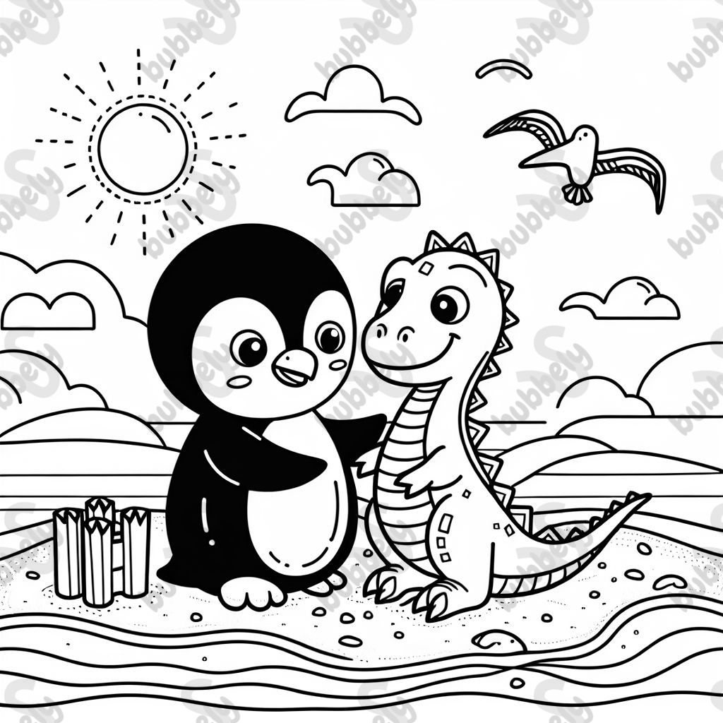 Un pingouin avec un meilleur ami dinosaure à la plage