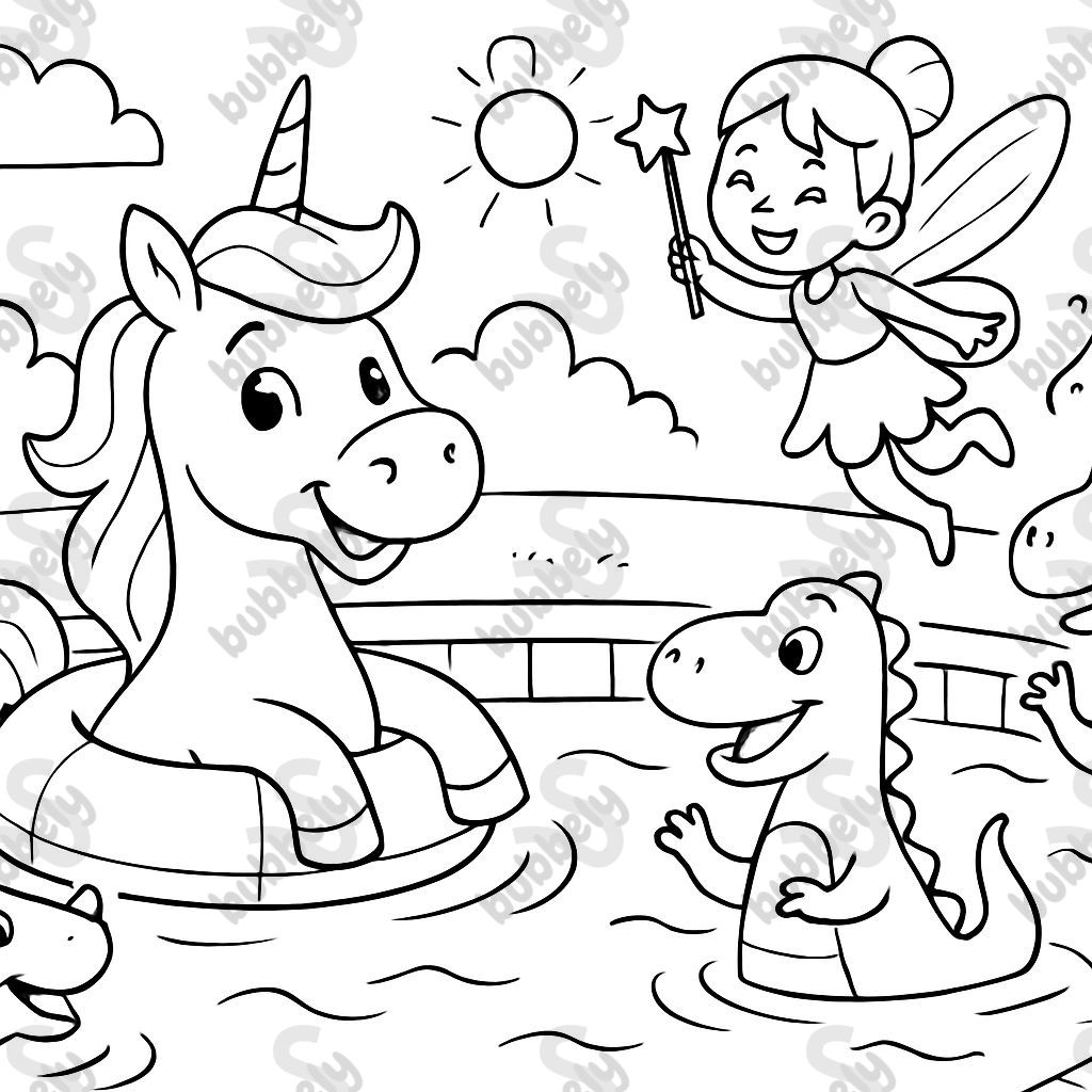 Un unicornio con un hada y dos dinosaurios en la piscina Un unicornio con un hada y dos dinosaurios en la piscina