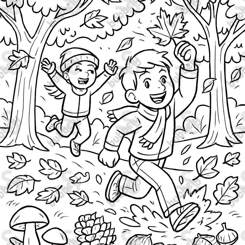 Autumn landscape with trees, leaves, mushrooms, pine cones, chestnuts, children playing Autumn landscape with trees, leaves, mushrooms, pine cones, chestnuts, children playing