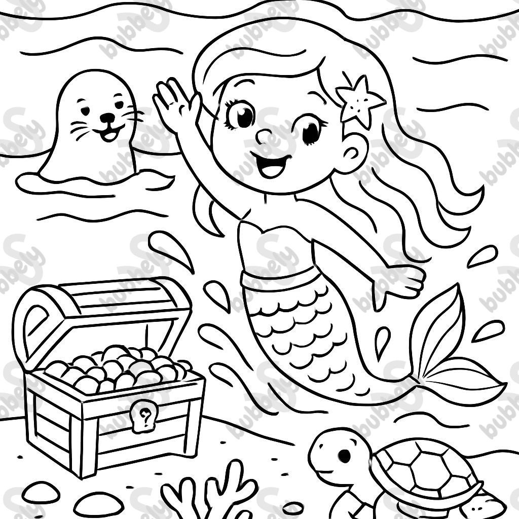 Sirena chapoteando en el agua con una foca, algunos tesoros y una tortuga. Sirena chapoteando en el agua con una foca, algunos tesoros y una tortuga.