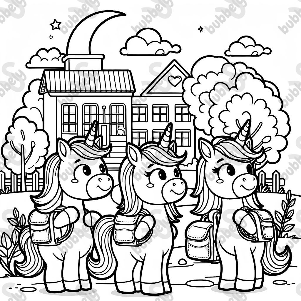 tres unicornios frente a una escuela y mochilas escolares tres unicornios frente a una escuela y mochilas escolares