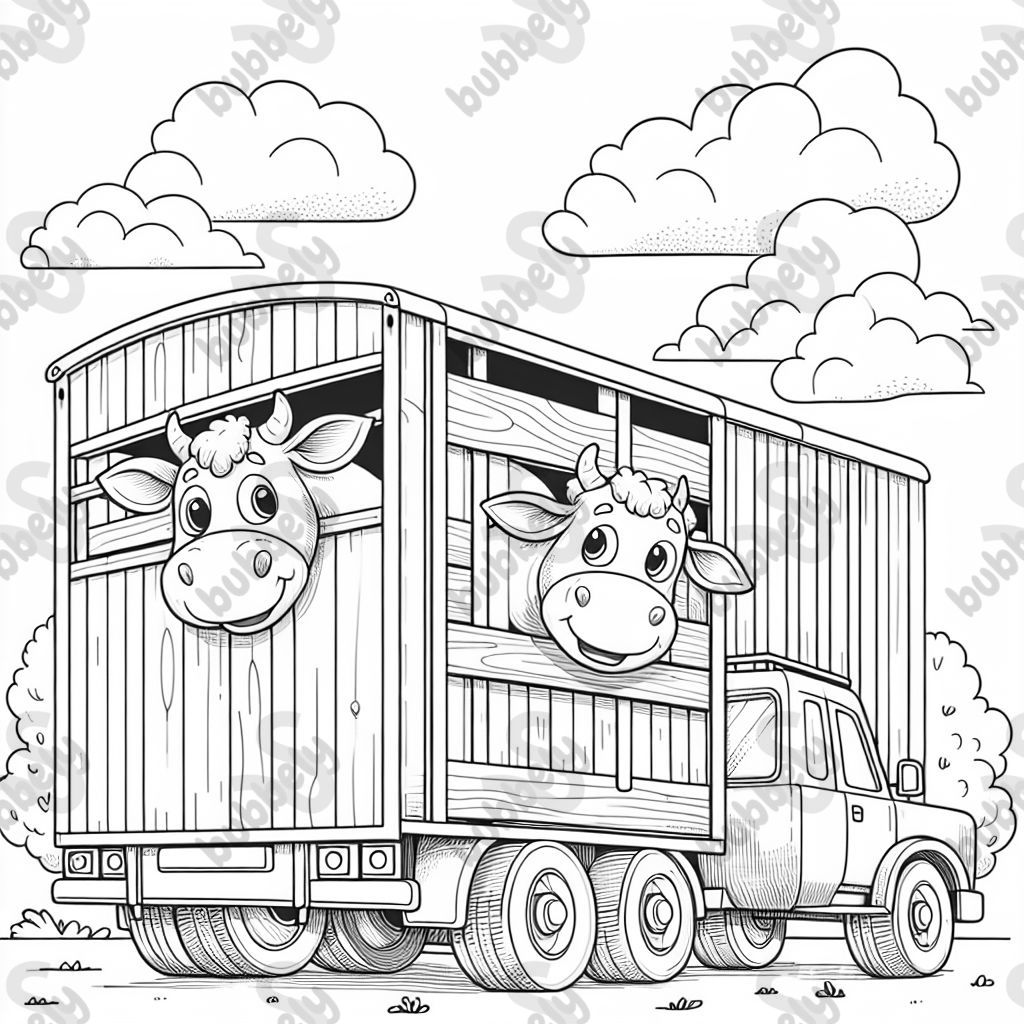 Animal transport trailer with two bulls in the back. Drawing only lines with a white background to color. Childish.