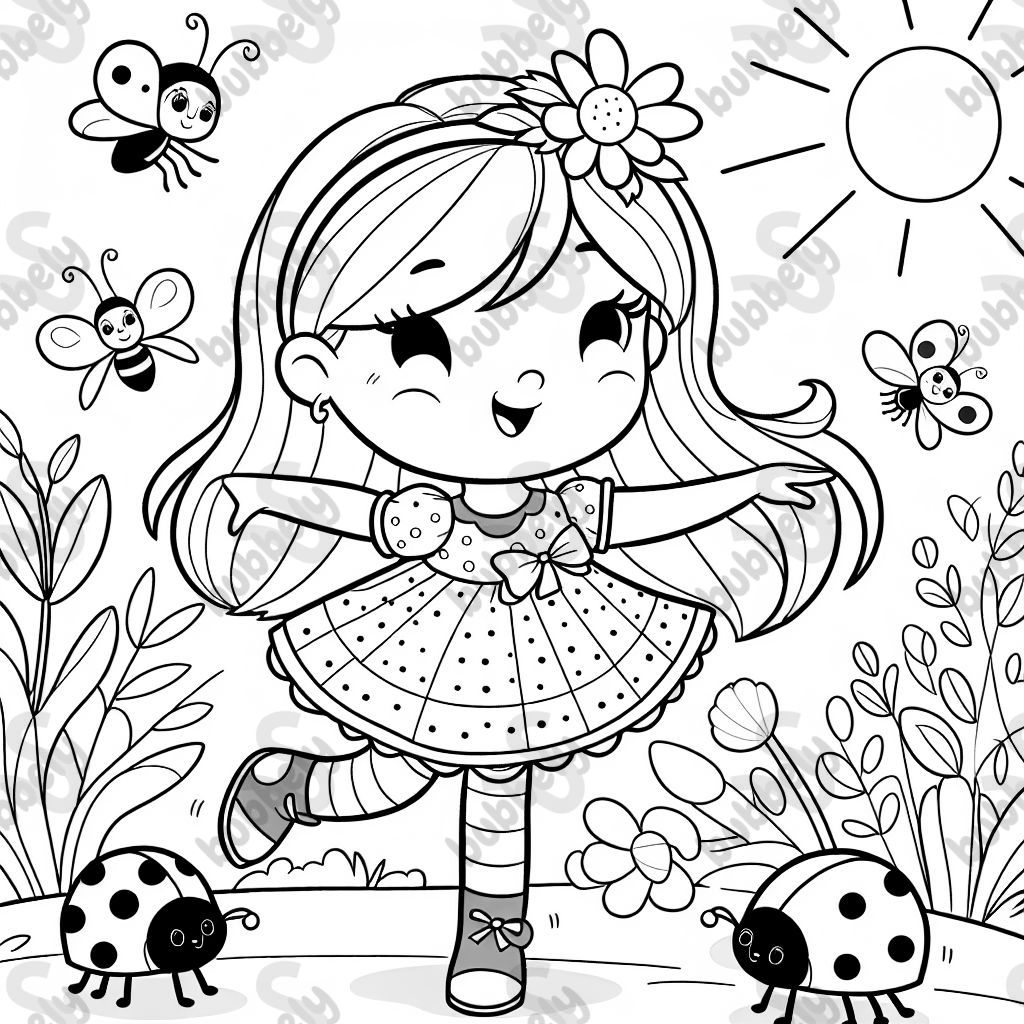 fille blonde de cinq ans dansant avec une coccinelle fille blonde de cinq ans dansant avec une coccinelle