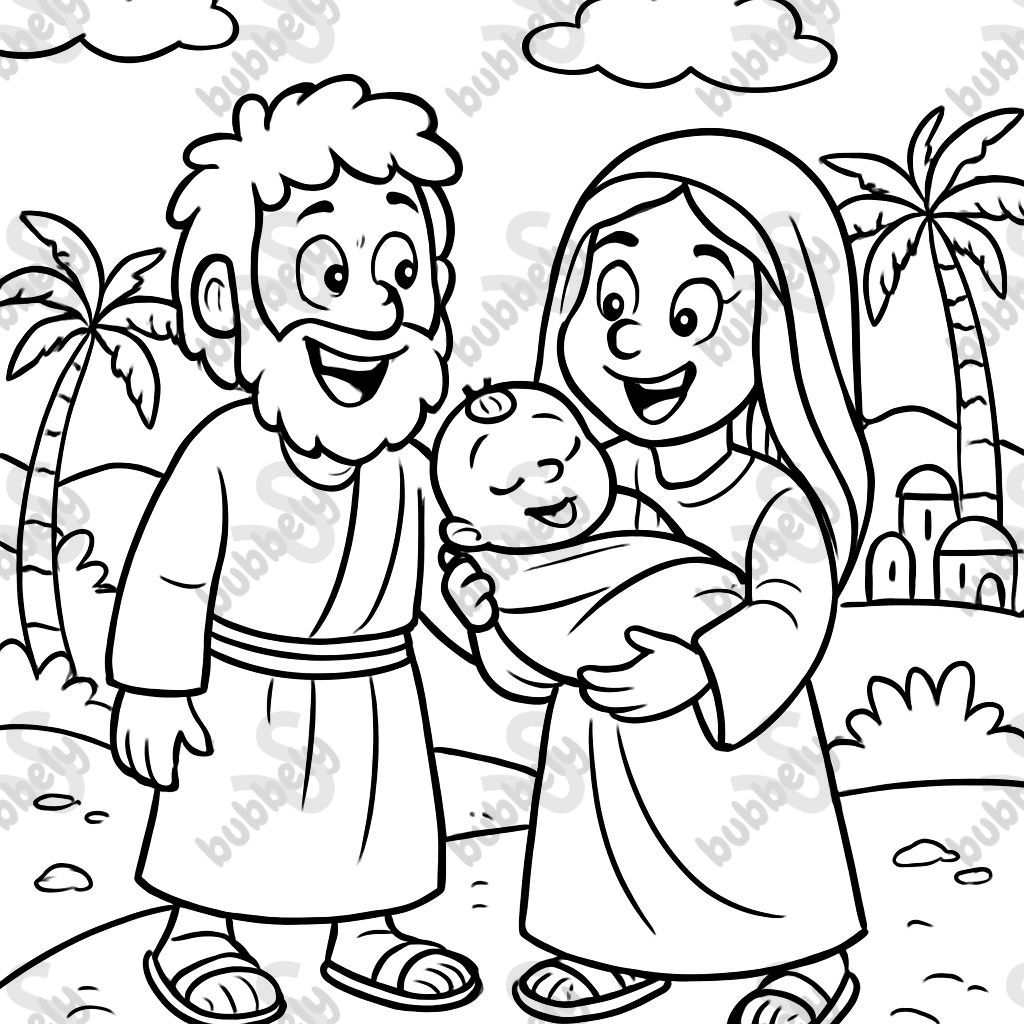 Ein Mann und eine Frau, die in biblischer Kleidung gekleidet sind, halten ein Baby. Ein Mann und eine Frau, die in biblischer Kleidung gekleidet sind, halten ein Baby.