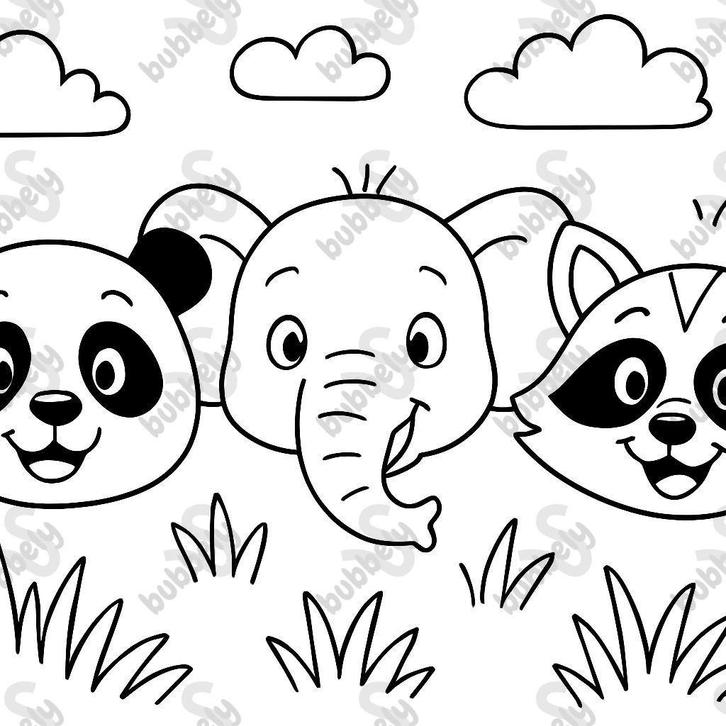 3 animal faces side by side, like wanted posters, panda, elephant, and raccoon 3 animal faces side by side, like wanted posters, panda, elephant, and raccoon