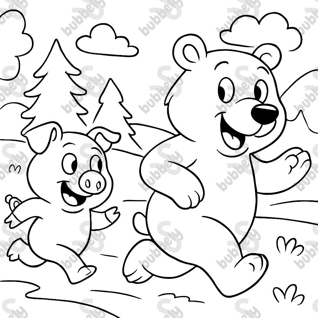 A pig is running after a polar bear. A pig is running after a polar bear.