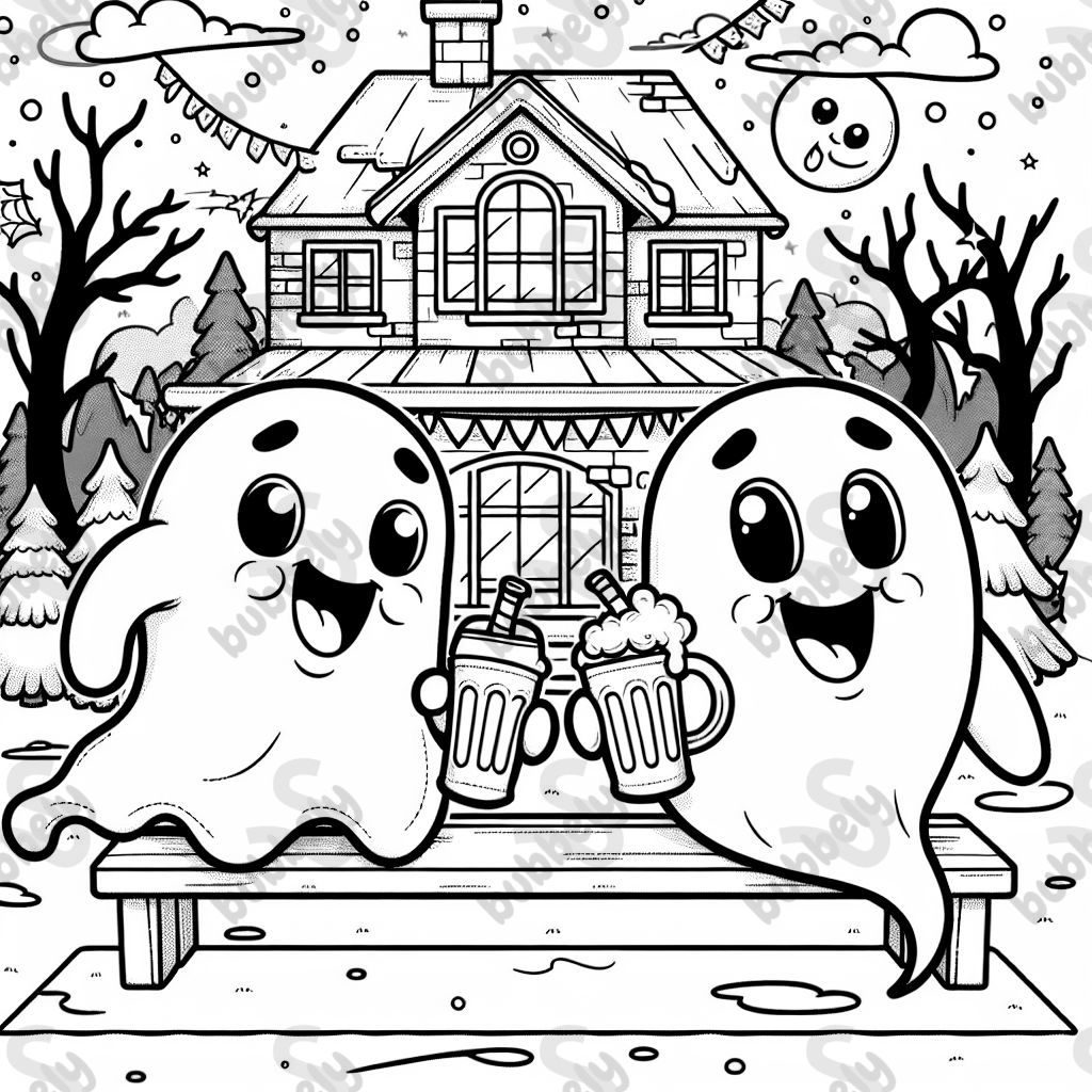 Coloring page for kids, drawing of 2 ghosts enjoying drinks in front of a Halloween decorated house, Halloween themed, line art, simple classic cartoon style Coloring page for kids, drawing of 2 ghosts enjoying drinks in front of a Halloween decorated house, Halloween themed, line art, simple classic cartoon style