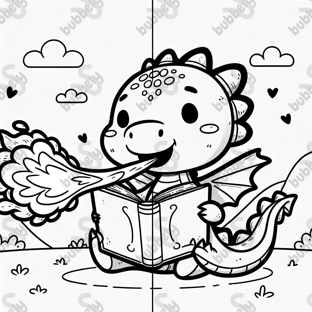 ein Drache, der ein Buch liest. Der Drache muss Feuer speien. ein Drache, der ein Buch liest. Der Drache muss Feuer speien.
