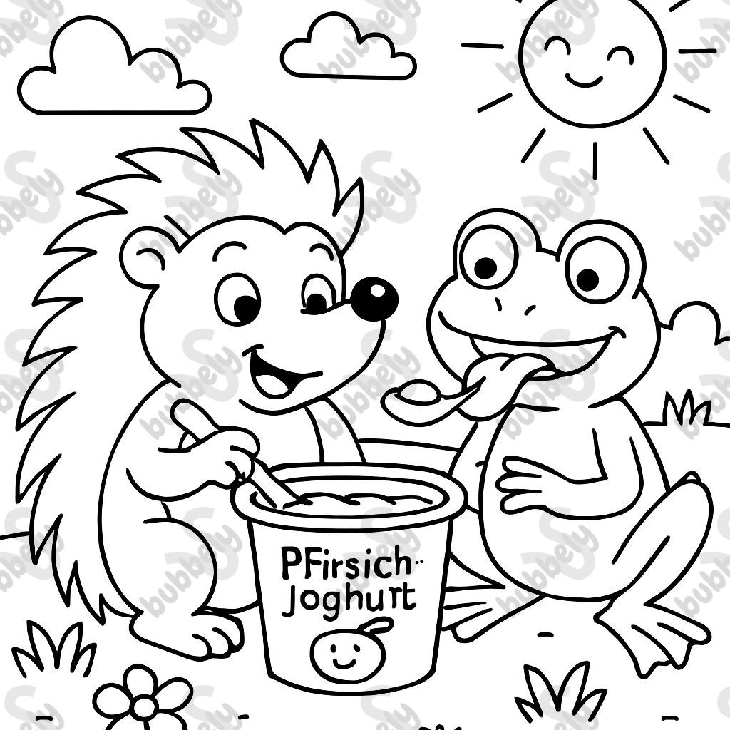 Einen Igel und einen Frosch wie sie einen Pfirsichjoghurt essen Einen Igel und einen Frosch wie sie einen Pfirsichjoghurt essen