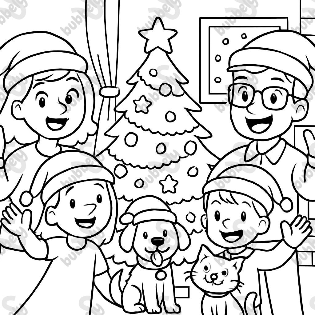 A dog and a cat celebrating Christmas with their family, consisting of a mother, father, daughter, and son. A dog and a cat celebrating Christmas with their family, consisting of a mother, father, daughter, and son.