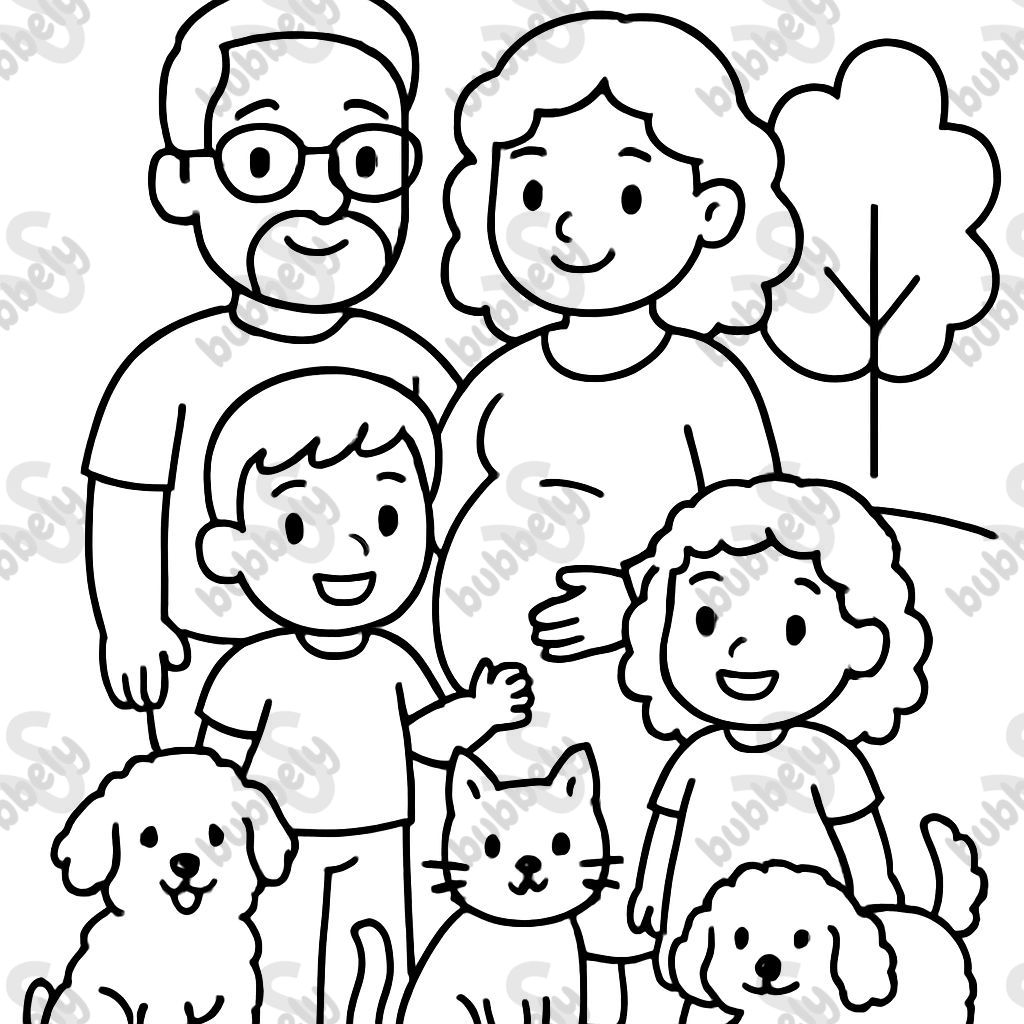 My family. Dad has a beard and glasses, mom medium length curly hair with a baby in her belly, a 4 year old boy with short straight hair, a 2 year old with very curly hair to her shoulders. Two fluffy dogs and one cat. My family. Dad has a beard and glasses, mom medium length curly hair with a baby in her belly, a 4 year old boy with short straight hair, a 2 year old with very curly hair to her shoulders. Two fluffy dogs and one cat.