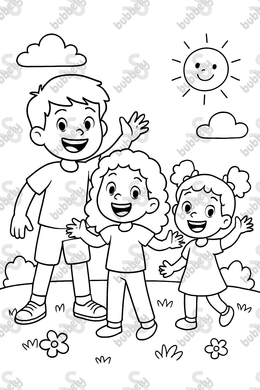 Older brother with shorts and a t-shirt, middle sister with curls and pants, and little sister with curls and two pigtails. Older brother with shorts and a t-shirt, middle sister with curls and pants, and little sister with curls and two pigtails.