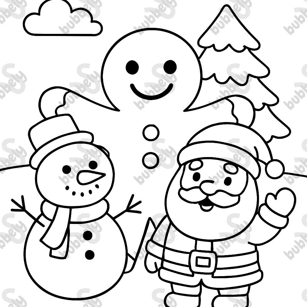 un gran hombre de jengibre con un muñeco de nieve y Papá Noel a su lado un gran hombre de jengibre con un muñeco de nieve y Papá Noel a su lado