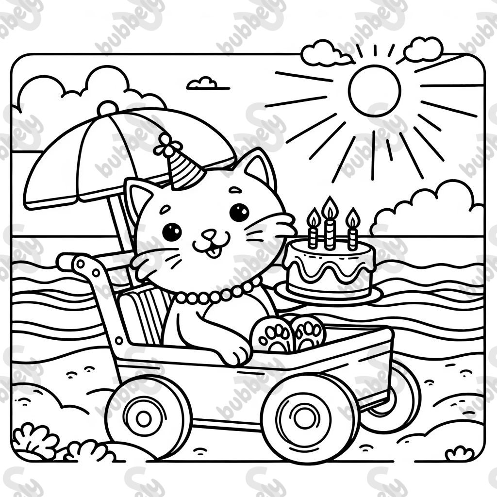 eine Katze in einem Strandbuggy, die eine Geburtstagstorte in den Pfoten hält eine Katze in einem Strandbuggy, die eine Geburtstagstorte in den Pfoten hält