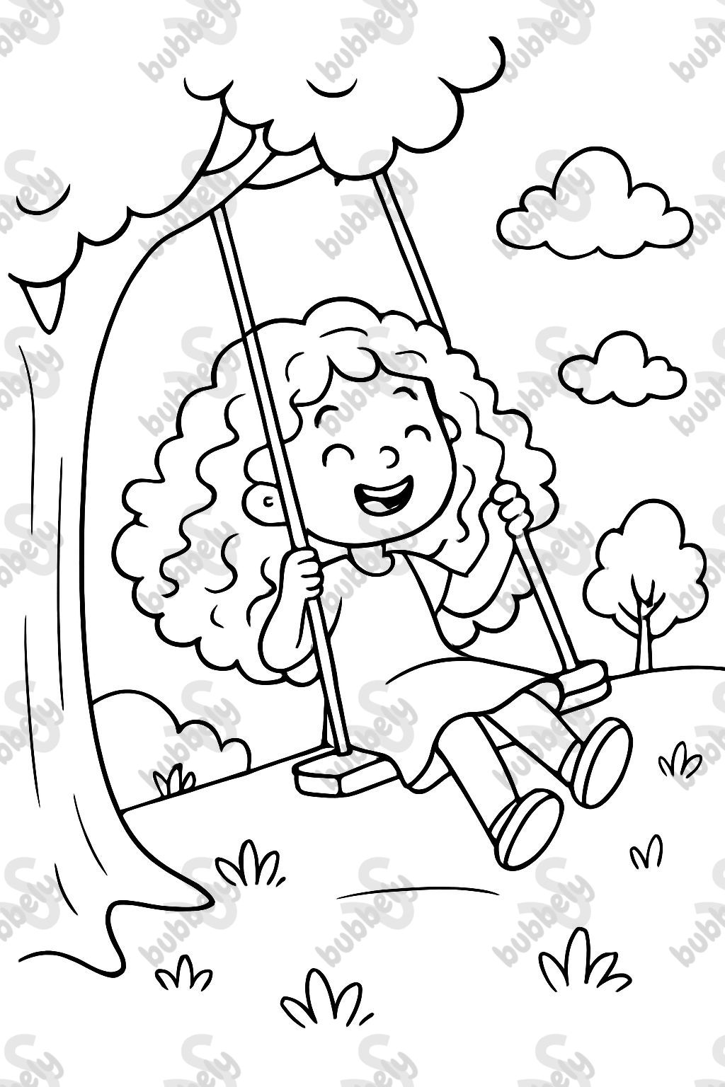 Mädchen mit langen, lockigen Haaren, die auf einer Schaukel spielt. Mädchen mit langen, lockigen Haaren, die auf einer Schaukel spielt.