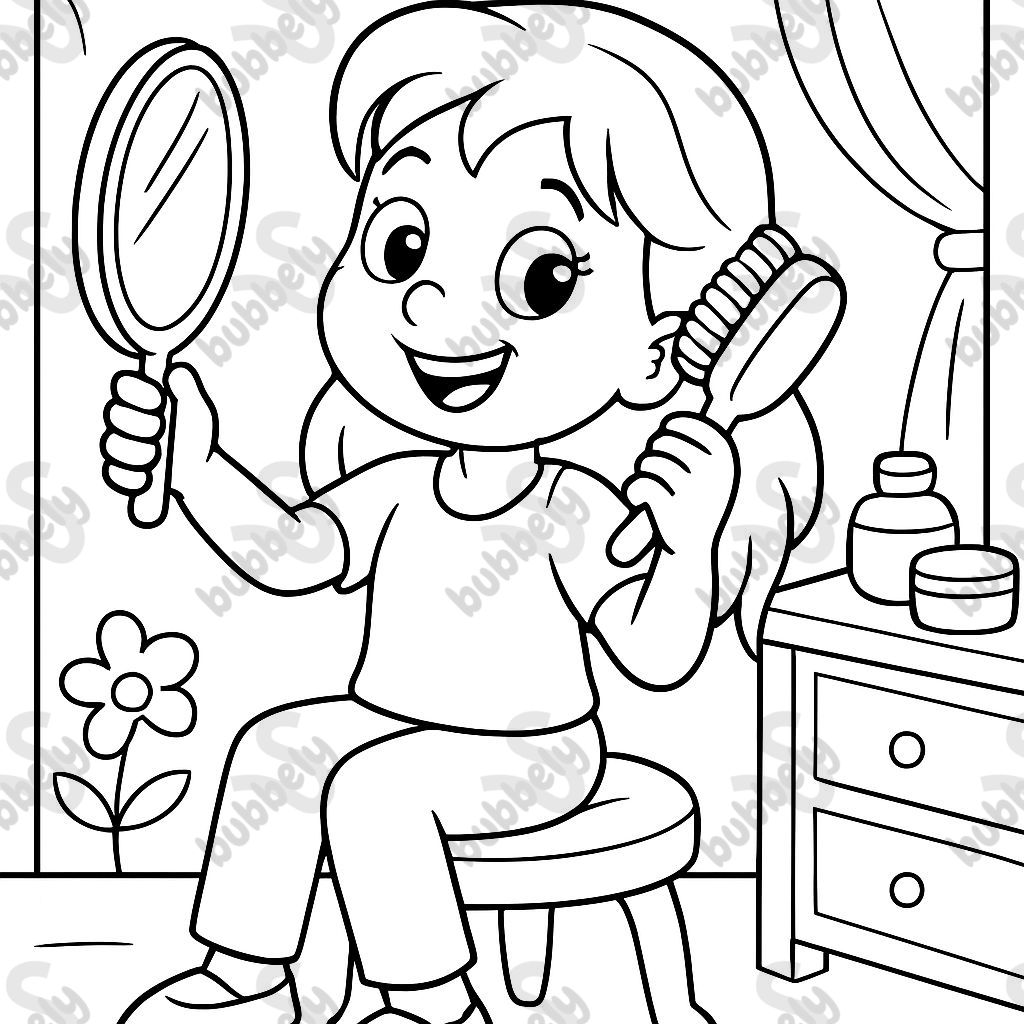 Niña peinándose con un espejo. Niña peinándose con un espejo.