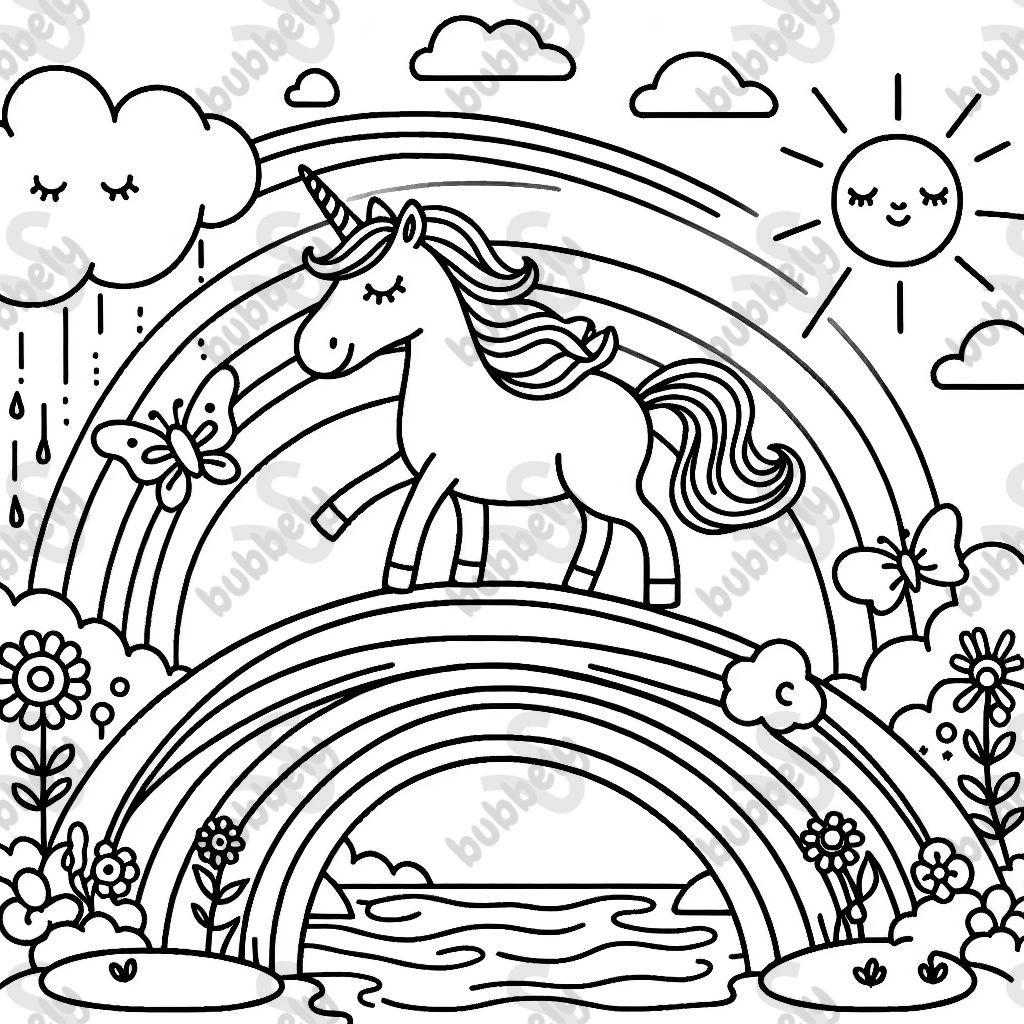 Un unicornio corriendo sobre un puente arcoíris, con nubes y el sol y hadas en el fondo Un unicornio corriendo sobre un puente arcoíris, con nubes y el sol y hadas en el fondo