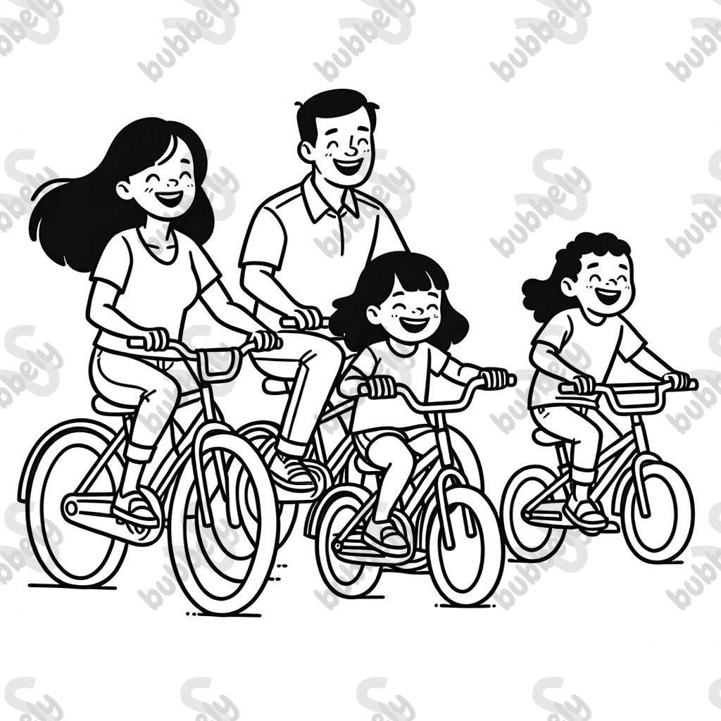 Una mamá, un papá, un hijo y una hija montando en bicicletas. Una mamá, un papá, un hijo y una hija montando en bicicletas.