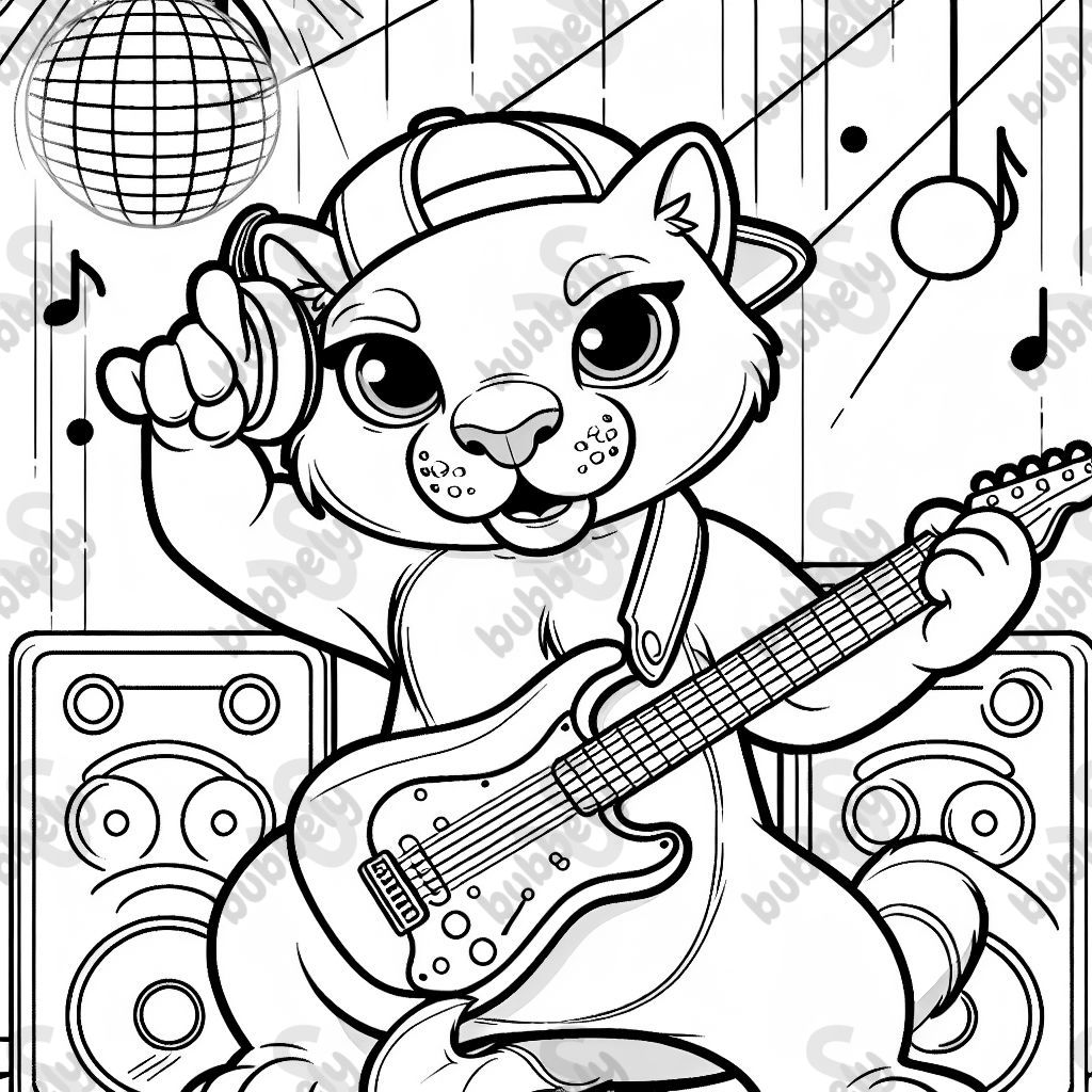 Un puma tocando música rock en una guitarra eléctrica y usando una gorra al revés. Hay una bola de discoteca en el techo. Un puma tocando música rock en una guitarra eléctrica y usando una gorra al revés. Hay una bola de discoteca en el techo.