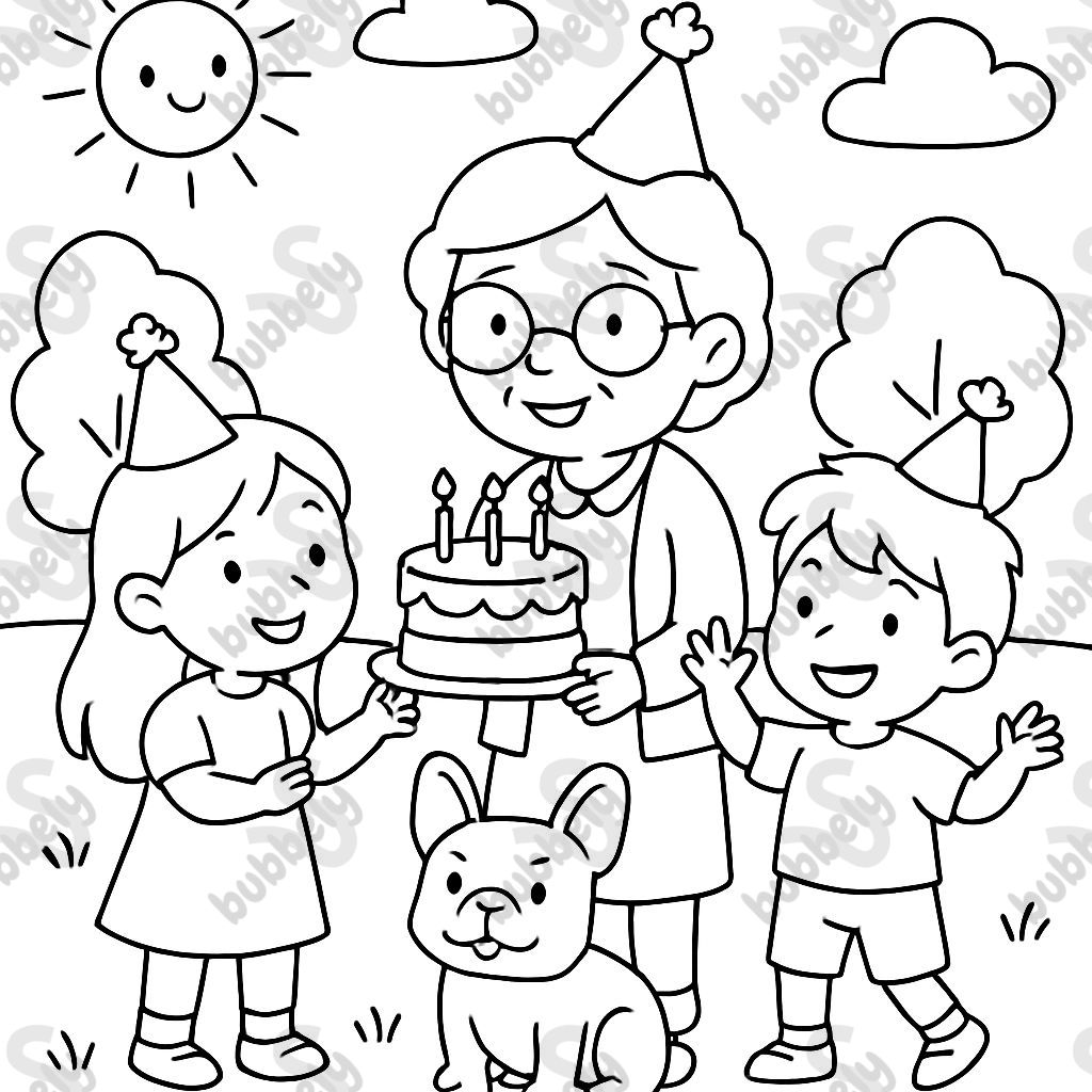 Oma feiert Geburtstag mit Enkeltochter, Enkelsohn und französischer Bulldogge in der Natur Oma feiert Geburtstag mit Enkeltochter, Enkelsohn und französischer Bulldogge in der Natur