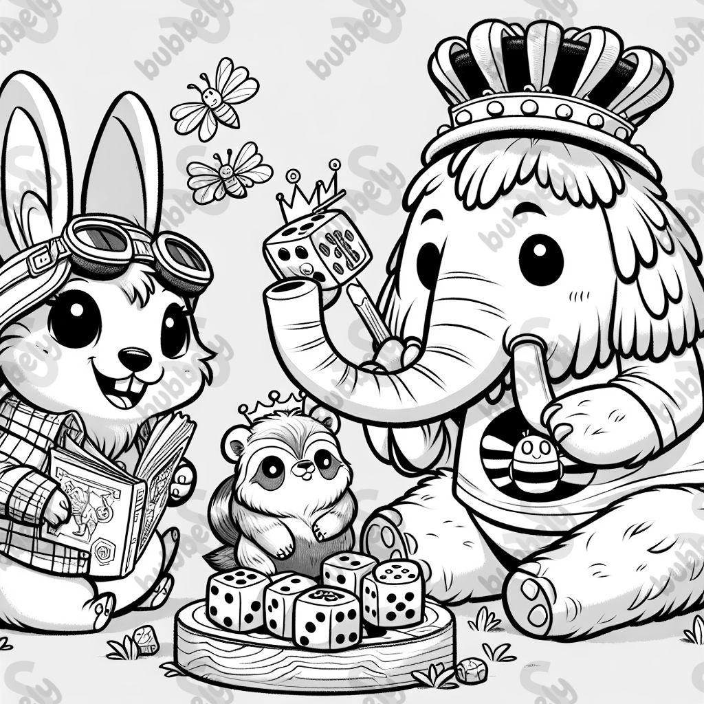 ein Hase mit einer Propellermütze, ein Waschbär mit einer Krone und ein Mammut mit einem Bienenshirt spielen ein Würfelspiel ein Hase mit einer Propellermütze, ein Waschbär mit einer Krone und ein Mammut mit einem Bienenshirt spielen ein Würfelspiel