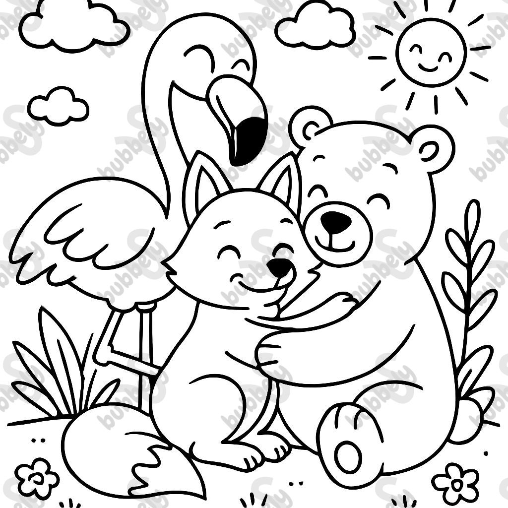 Flamingo hugging a fox and polar bear Flamingo hugging a fox and polar bear