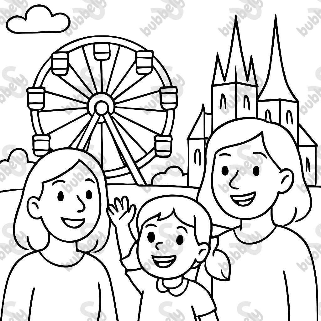 Create a coloring page featuring two adult women and a 4-year-old girl riding a Ferris wheel in front of the Erfurt Cathedral. Create a coloring page featuring two adult women and a 4-year-old girl riding a Ferris wheel in front of the Erfurt Cathedral.