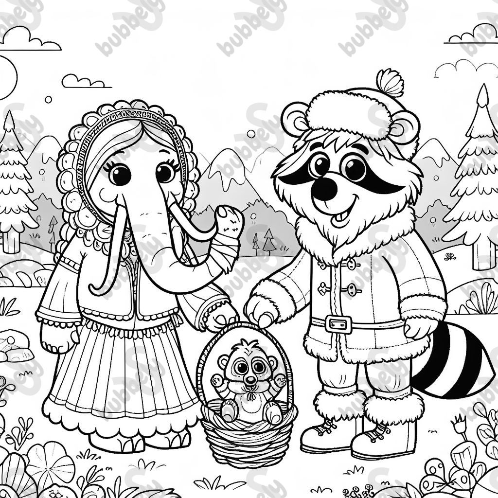 eine Mammutfrau und ein Waschbärmann haben ein Baby bekommen