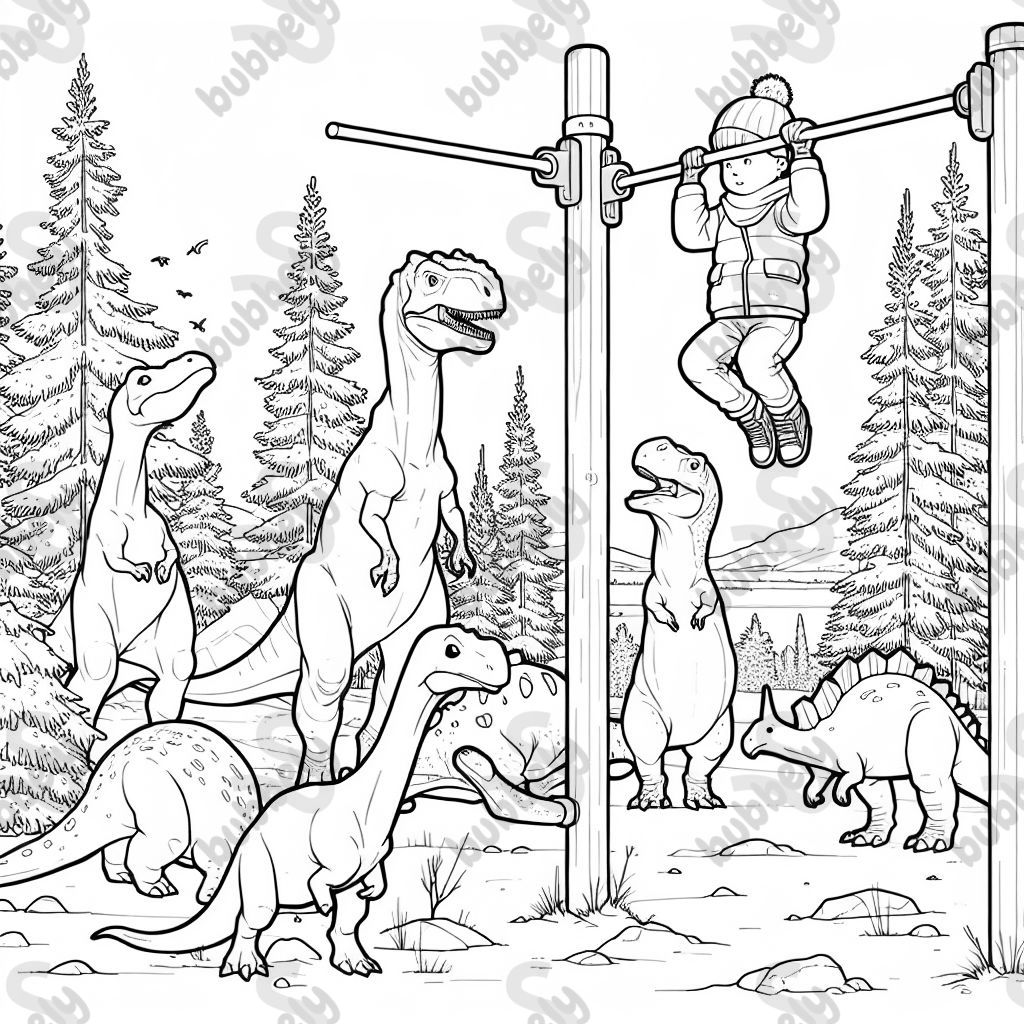 Hängendes Kind an Klimmzugstange in Finnland mlt vielen Dinosaurieren Hängendes Kind an Klimmzugstange in Finnland mlt vielen Dinosaurieren