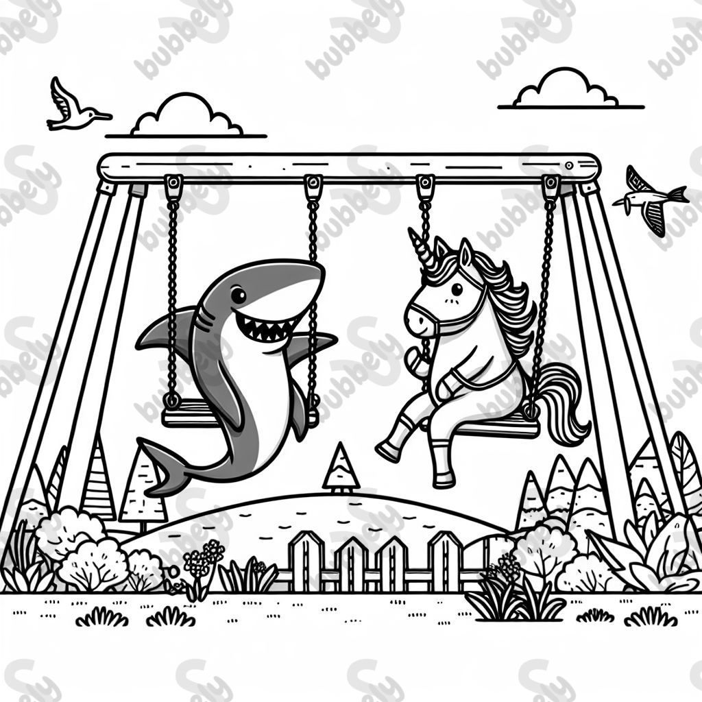 A shark and unicorn on the swings in a playground